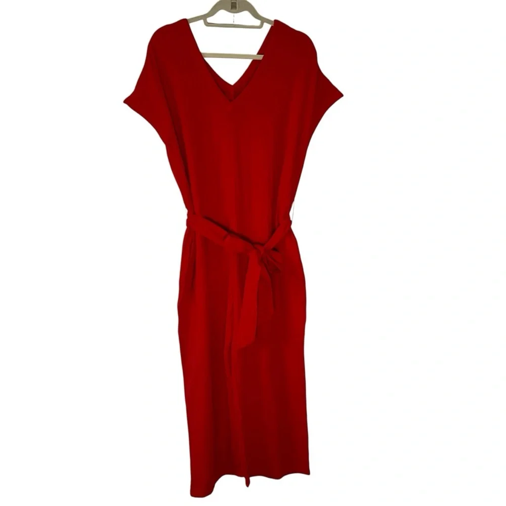 Pact Coastal Double Gauze Belted Jumpsuit Organic Cotton Red XS NWOT - Picture 4 of 16